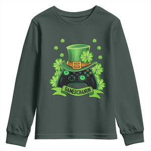 St Patrick's Day Youth Sweatshirt Gamerchaun Video Game Funny Lucky Gamer TS09 Dark Forest Green Print Your Wear