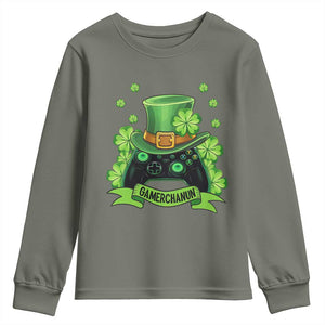 St Patrick's Day Youth Sweatshirt Gamerchaun Video Game Funny Lucky Gamer TS09 Military Green Print Your Wear