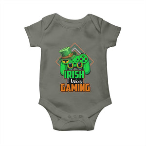 St Patrick's Day Baby Onesie Irish I Was Gaming Funny Lucky Shamrocks Gamer TS09 Military Green Print Your Wear