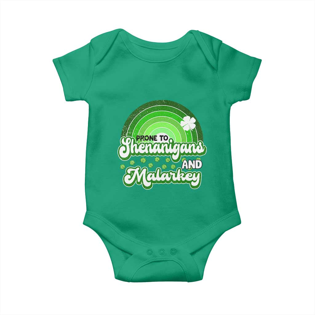 Funny St Patrick's Day Baby Onesie Prone To Shenanigans And Malarkey TS09 Irish Green Print Your Wear