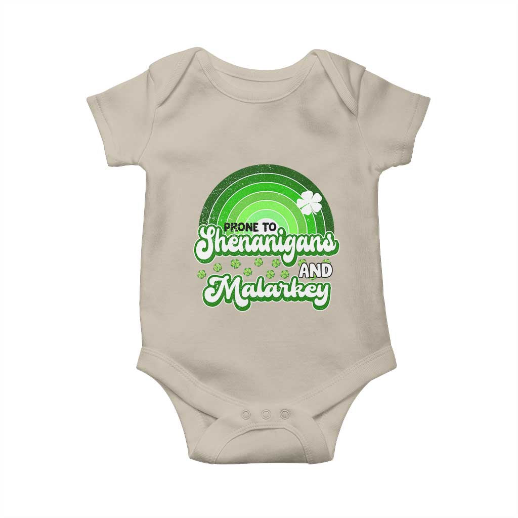 Funny St Patrick's Day Baby Onesie Prone To Shenanigans And Malarkey TS09 Sand Print Your Wear