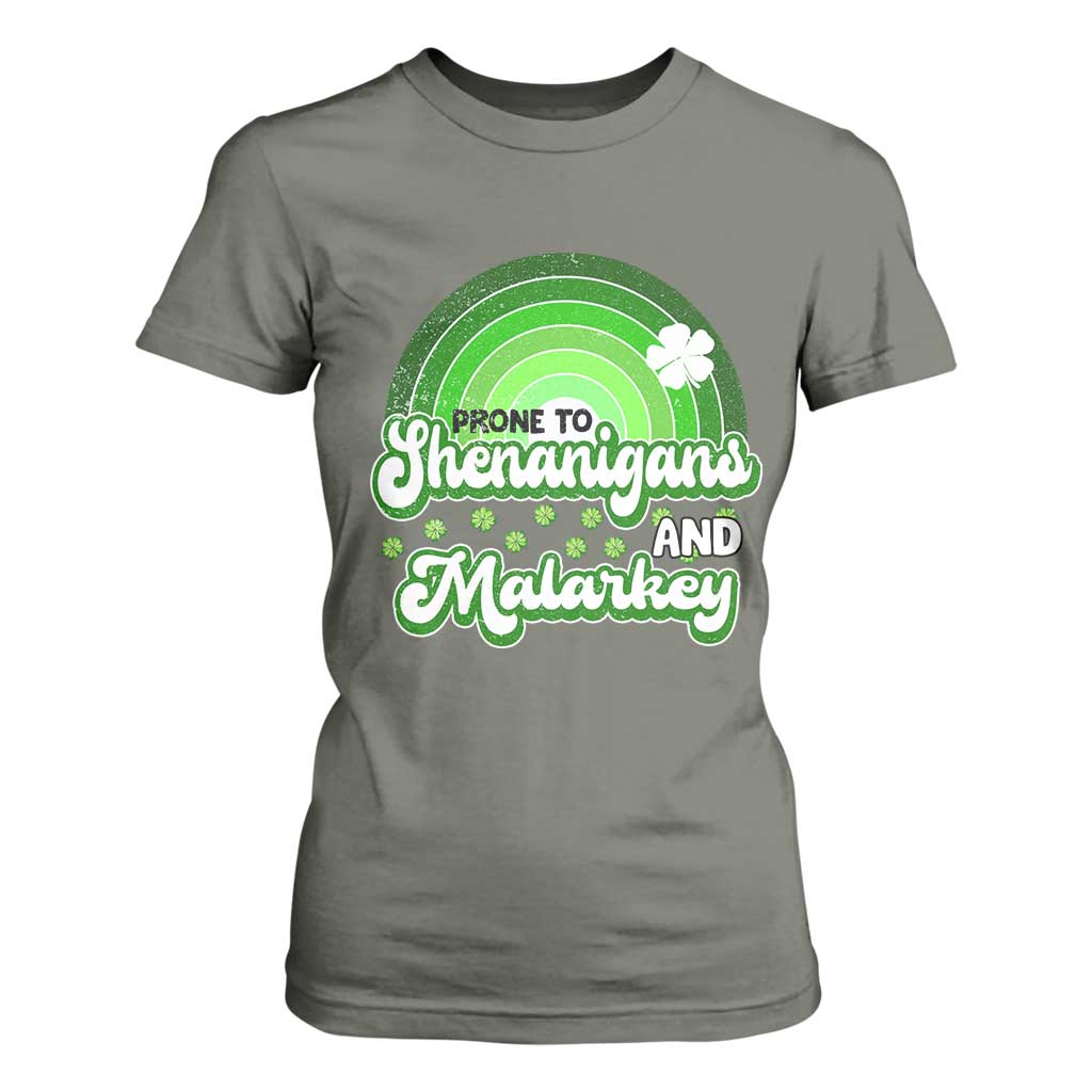Funny St Patrick's Day T Shirt For Women Prone To Shenanigans And Malarkey TS09 Military Green Print Your Wear