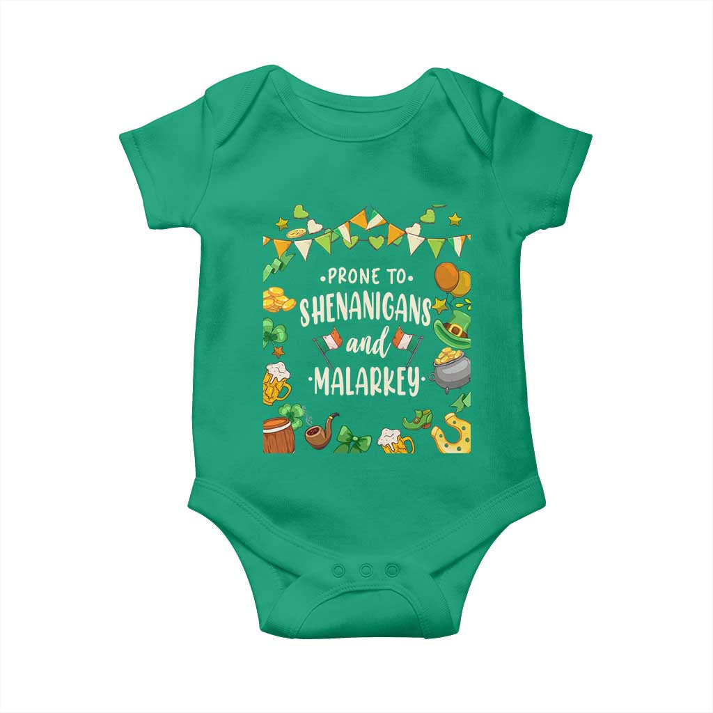 St Patrick's Day Baby Onesie Funny Prone To Shenanigans And Malarkey TS09 Irish Green Print Your Wear
