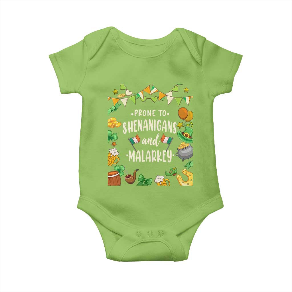 St Patrick's Day Baby Onesie Funny Prone To Shenanigans And Malarkey TS09 Lime Print Your Wear
