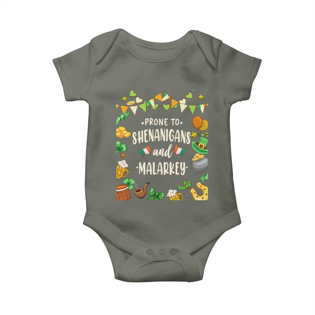 St Patrick's Day Baby Onesie Funny Prone To Shenanigans And Malarkey TS09 Military Green Print Your Wear