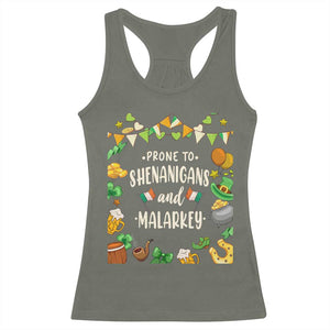 St Patrick's Day Racerback Tank Top Funny Prone To Shenanigans And Malarkey TS09 Military Green Print Your Wear