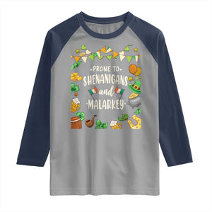 St Patrick's Day Raglan Shirt Funny Prone To Shenanigans And Malarkey TS09 Sport Gray Navy Print Your Wear