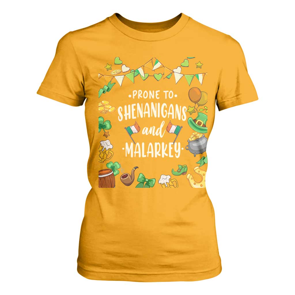 St Patrick's Day T Shirt For Women Funny Prone To Shenanigans And Malarkey TS09 Gold Print Your Wear