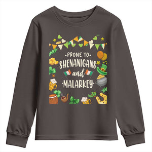 St Patrick's Day Youth Sweatshirt Funny Prone To Shenanigans And Malarkey TS09 Dark Chocolate Print Your Wear