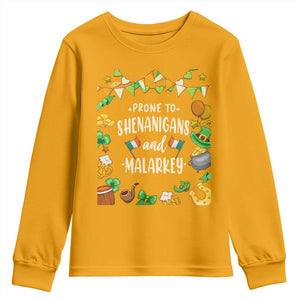 St Patrick's Day Youth Sweatshirt Funny Prone To Shenanigans And Malarkey TS09 Gold Print Your Wear