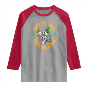 St Patrick's Day Raglan Shirt Beer Drinking Skeleton Shut Up Liver You're Fine TS09 Sport Gray Red Print Your Wear
