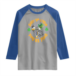 St Patrick's Day Raglan Shirt Beer Drinking Skeleton Shut Up Liver You're Fine TS09 Sport Gray Royal Print Your Wear