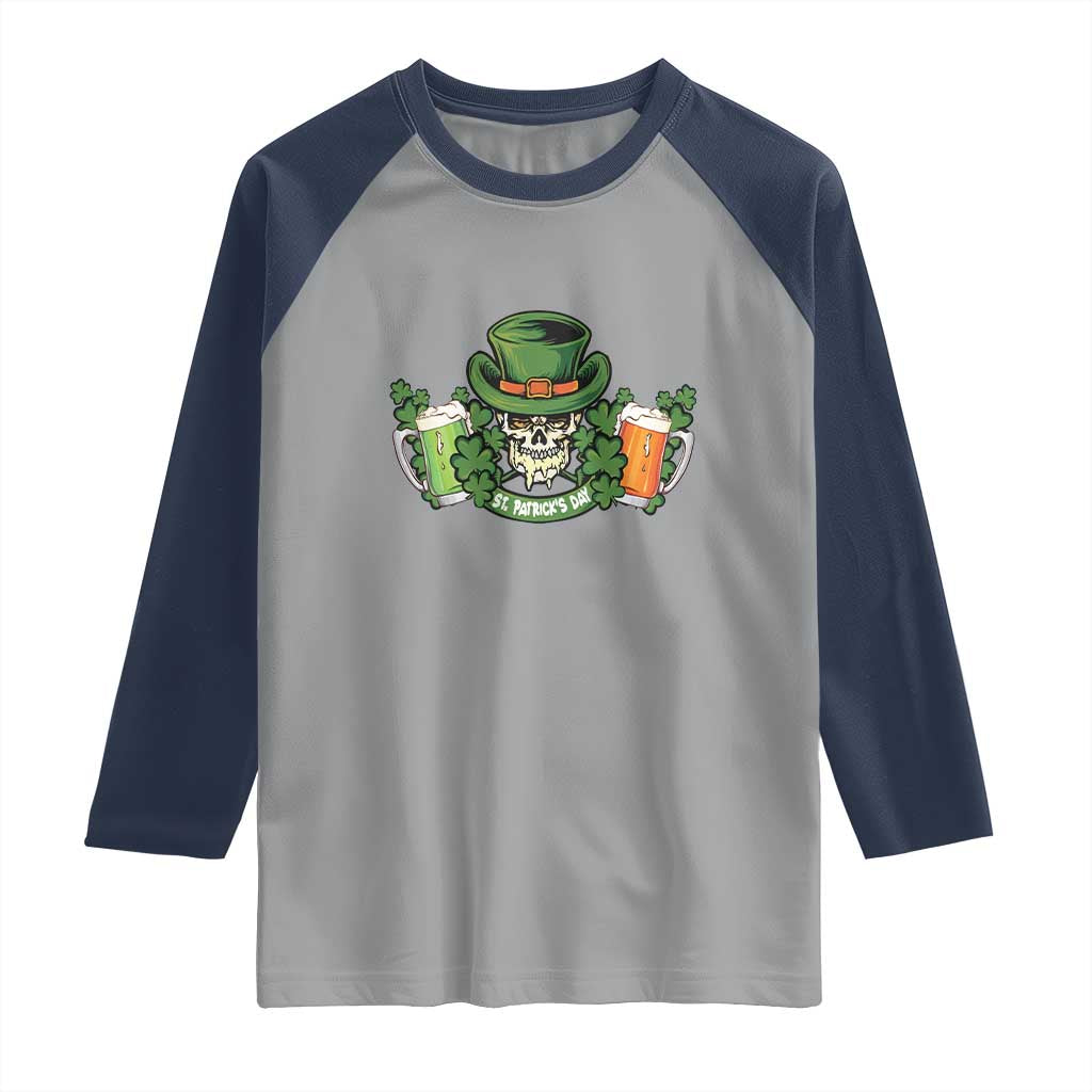 St Patrick's Day Raglan Shirt Irish Beer Funny Skeleton Drinking TS09 Sport Gray Navy Print Your Wear