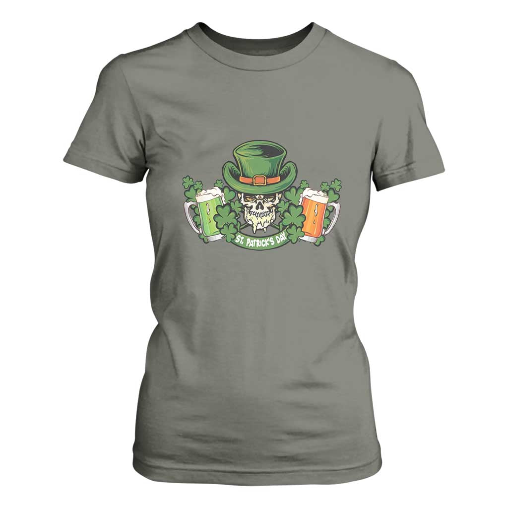 St Patrick's Day T Shirt For Women Irish Beer Funny Skeleton Drinking TS09 Military Green Print Your Wear