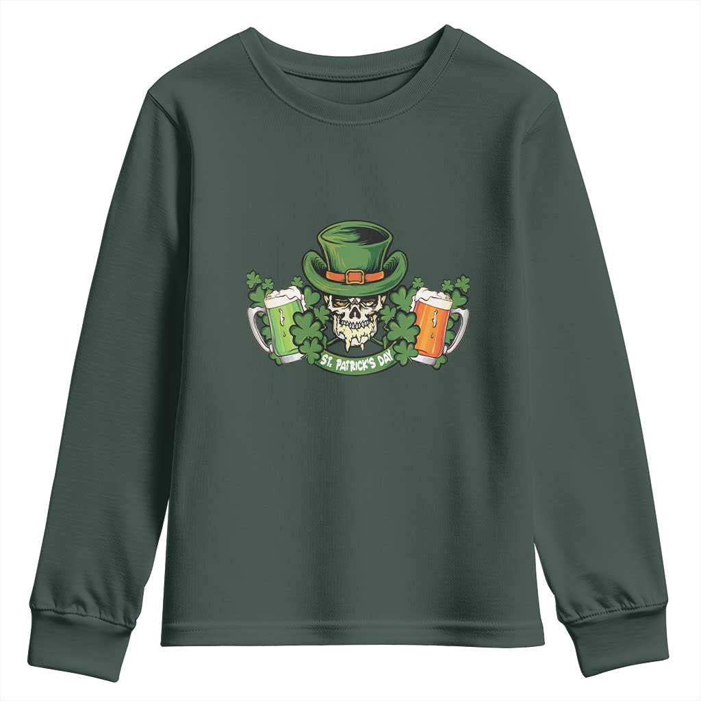 St Patrick's Day Youth Sweatshirt Irish Beer Funny Skeleton Drinking TS09 Dark Forest Green Print Your Wear