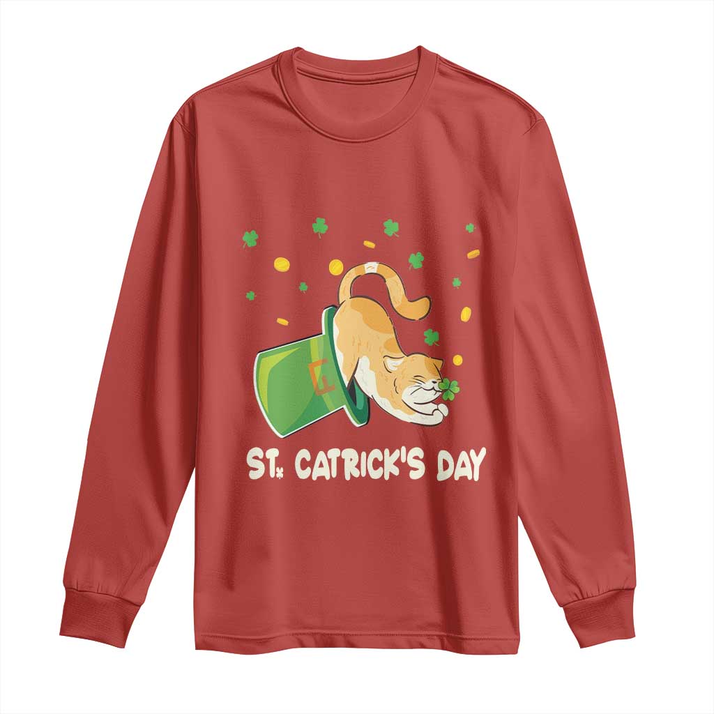 St Patrick's Day Long Sleeve Shirt Happy St.Catrick's Lucky Cat Shamrock Hat TS09 Red Print Your Wear