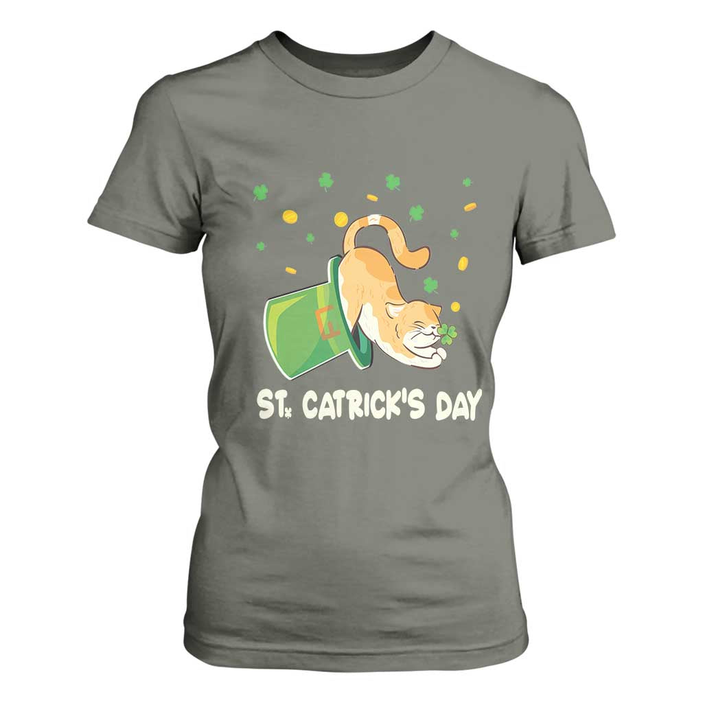 St Patrick's Day T Shirt For Women Happy St.Catrick's Lucky Cat Shamrock Hat TS09 Military Green Print Your Wear