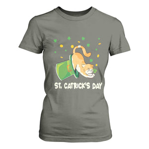 St Patrick's Day T Shirt For Women Happy St.Catrick's Lucky Cat Shamrock Hat TS09 Military Green Print Your Wear