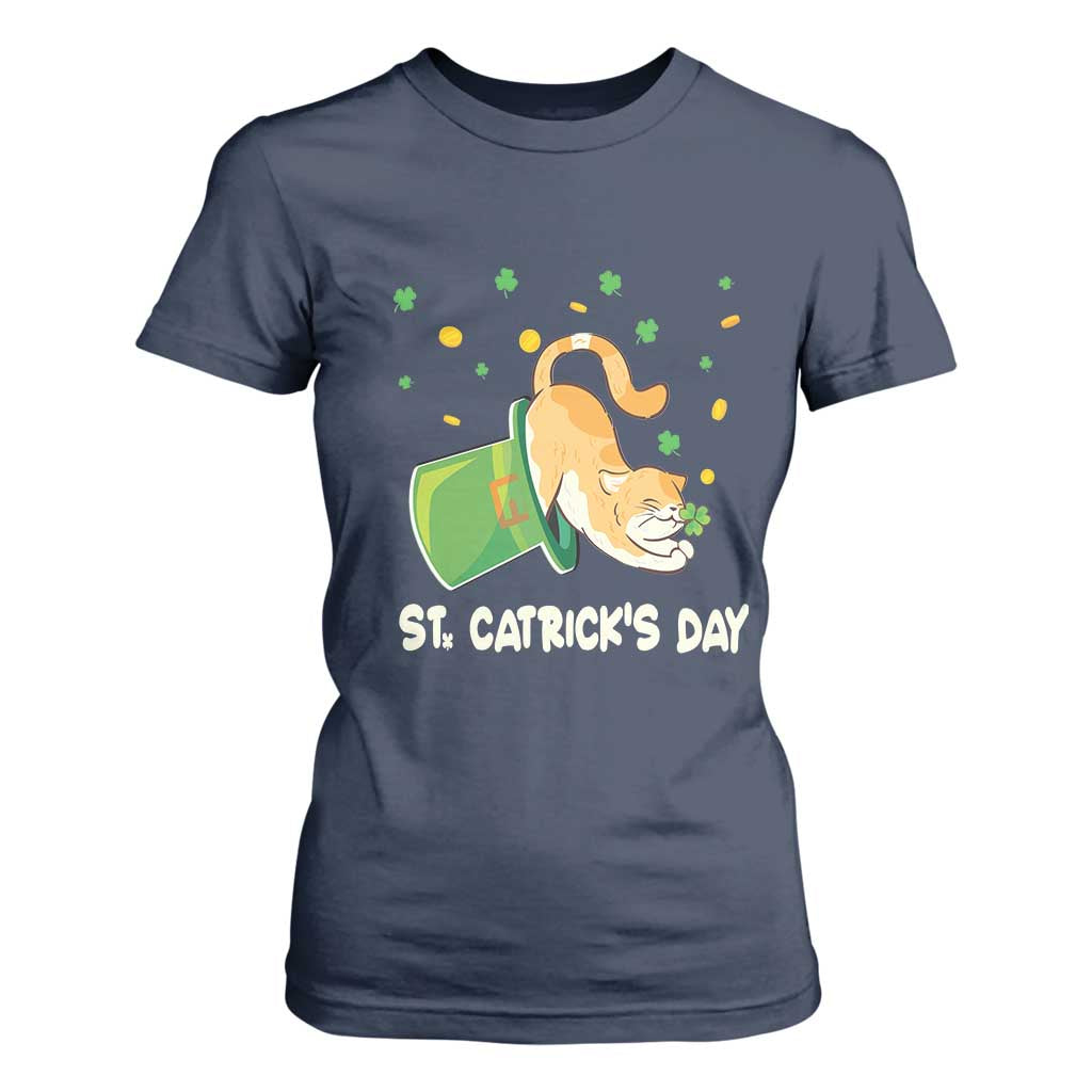 St Patrick's Day T Shirt For Women Happy St.Catrick's Lucky Cat Shamrock Hat TS09 Navy Print Your Wear
