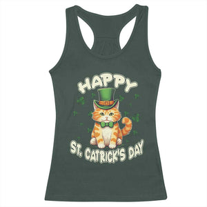 St Patrick's Day Racerback Tank Top Happy St.Catrick's Lucky Cat Shamrock Cute Kitty TS09 Dark Forest Green Print Your Wear