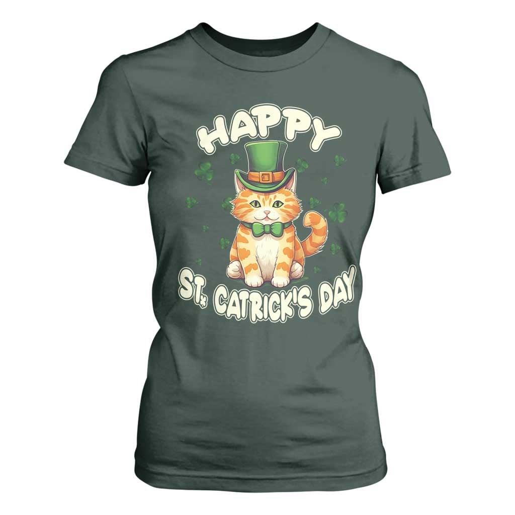 St Patrick's Day T Shirt For Women Happy St.Catrick's Lucky Cat Shamrock Cute Kitty TS09 Dark Forest Green Print Your Wear
