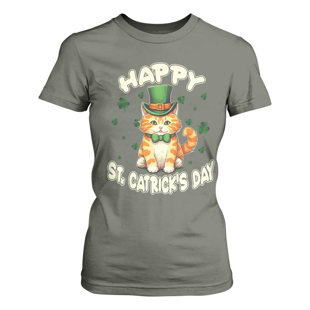 St Patrick's Day T Shirt For Women Happy St.Catrick's Lucky Cat Shamrock Cute Kitty TS09 Military Green Print Your Wear
