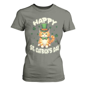 St Patrick's Day T Shirt For Women Happy St.Catrick's Lucky Cat Shamrock Cute Kitty TS09 Military Green Print Your Wear