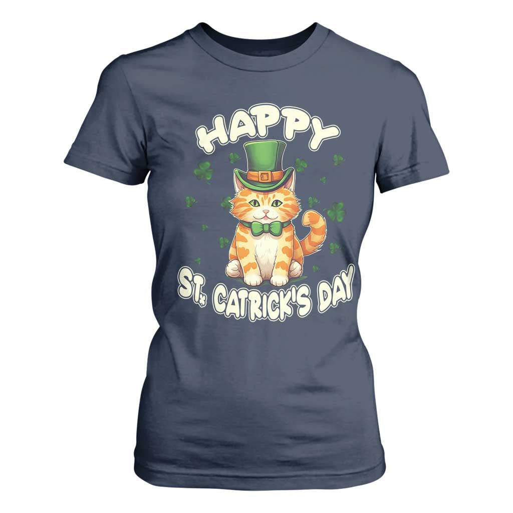 St Patrick's Day T Shirt For Women Happy St.Catrick's Lucky Cat Shamrock Cute Kitty TS09 Navy Print Your Wear