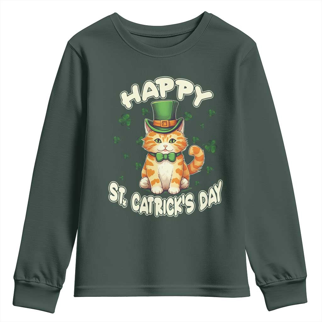 St Patrick's Day Youth Sweatshirt Happy St.Catrick's Lucky Cat Shamrock Cute Kitty TS09 Dark Forest Green Print Your Wear