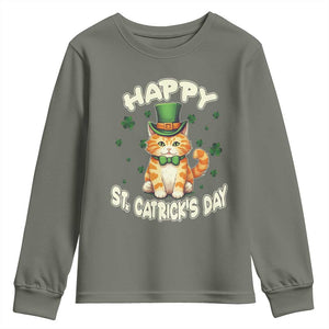 St Patrick's Day Youth Sweatshirt Happy St.Catrick's Lucky Cat Shamrock Cute Kitty TS09 Military Green Print Your Wear
