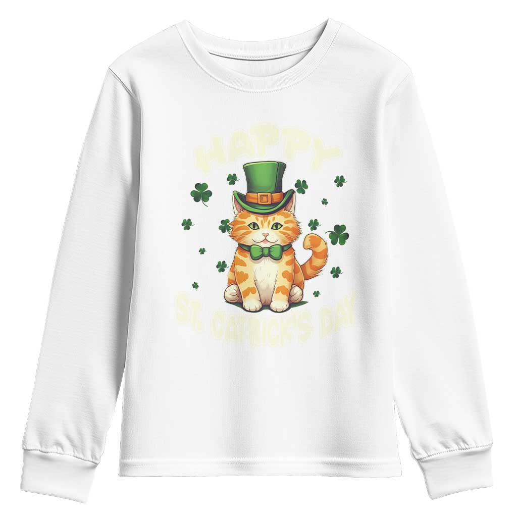 St Patrick's Day Youth Sweatshirt Happy St.Catrick's Lucky Cat Shamrock Cute Kitty TS09 White Print Your Wear