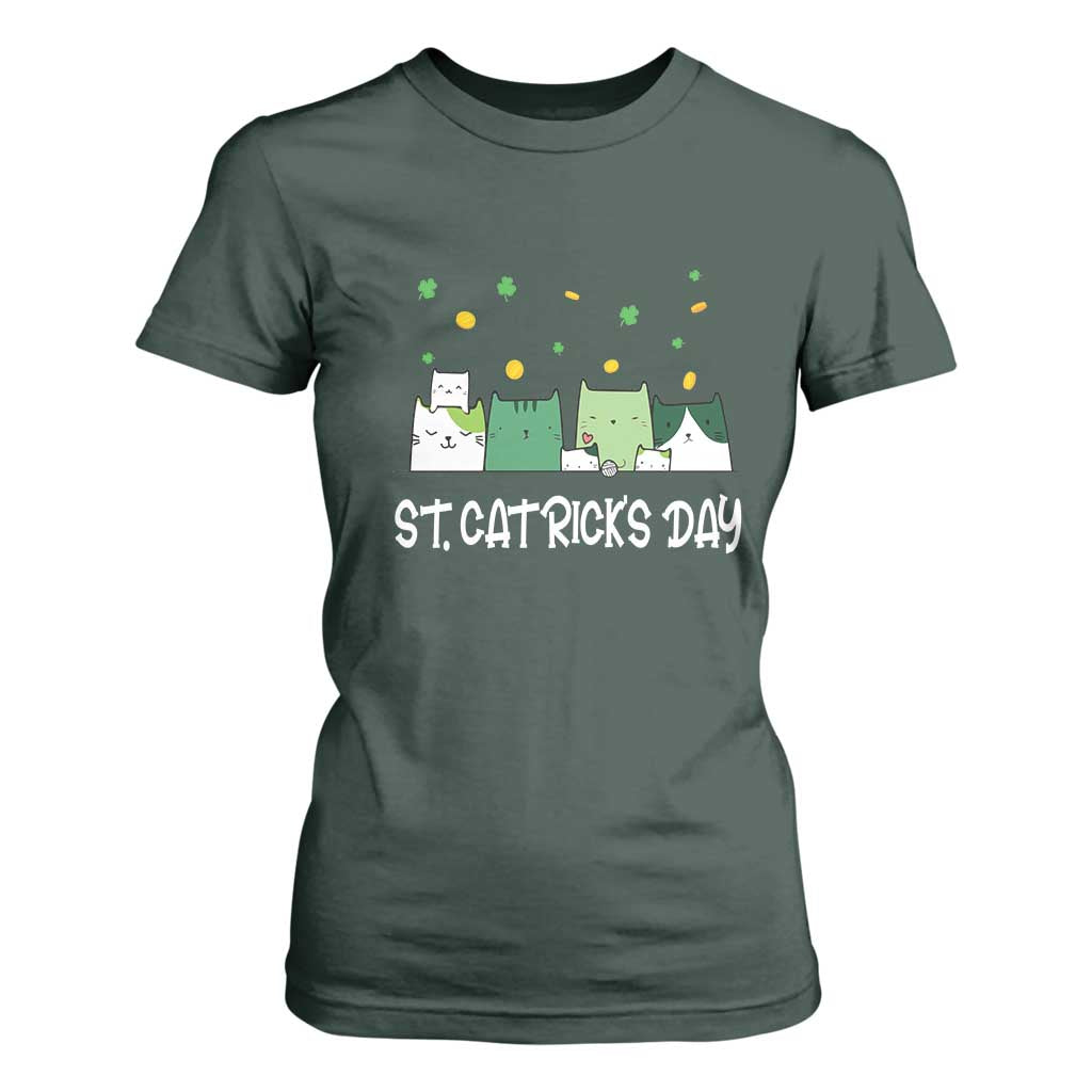 St Patrick's Day Cat Lover T Shirt For Women Happy St.Catrick's Lucky Family Cats Shamrock TS09 Dark Forest Green Print Your Wear
