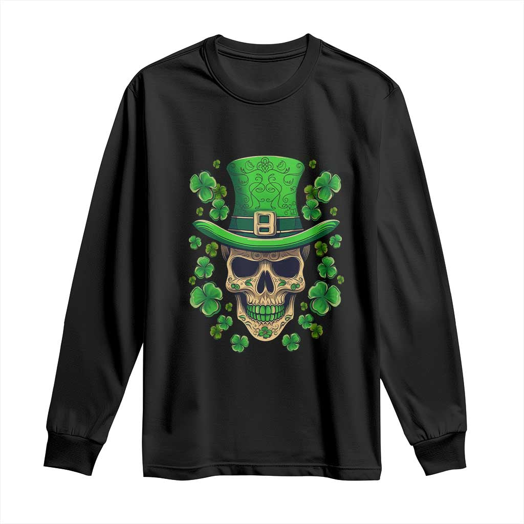 St Patrick's Day Long Sleeve Shirt Irish Sugar Skull Lucky Shamrocks Hat TS09 Black Print Your Wear