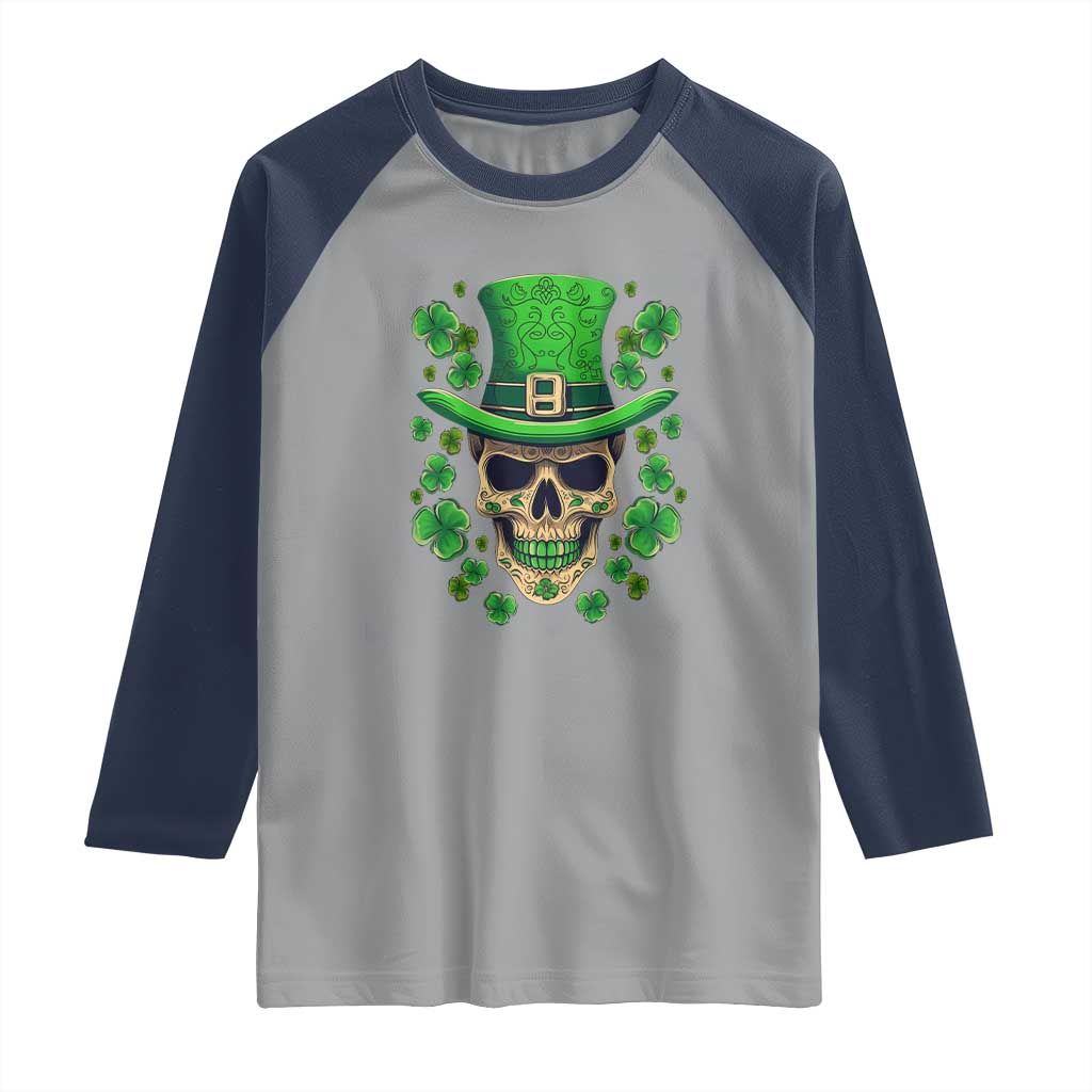 St Patrick's Day Raglan Shirt Irish Sugar Skull Lucky Shamrocks Hat TS09 Sport Gray Navy Print Your Wear