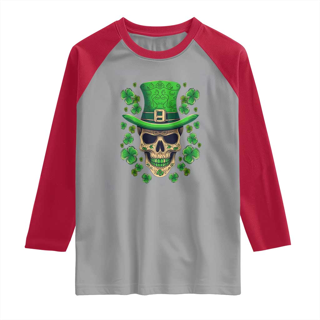 St Patrick's Day Raglan Shirt Irish Sugar Skull Lucky Shamrocks Hat TS09 Sport Gray Red Print Your Wear