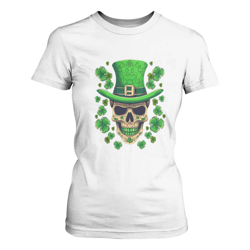 St Patrick's Day T Shirt For Women Irish Sugar Skull Lucky Shamrocks Hat TS09 White Print Your Wear