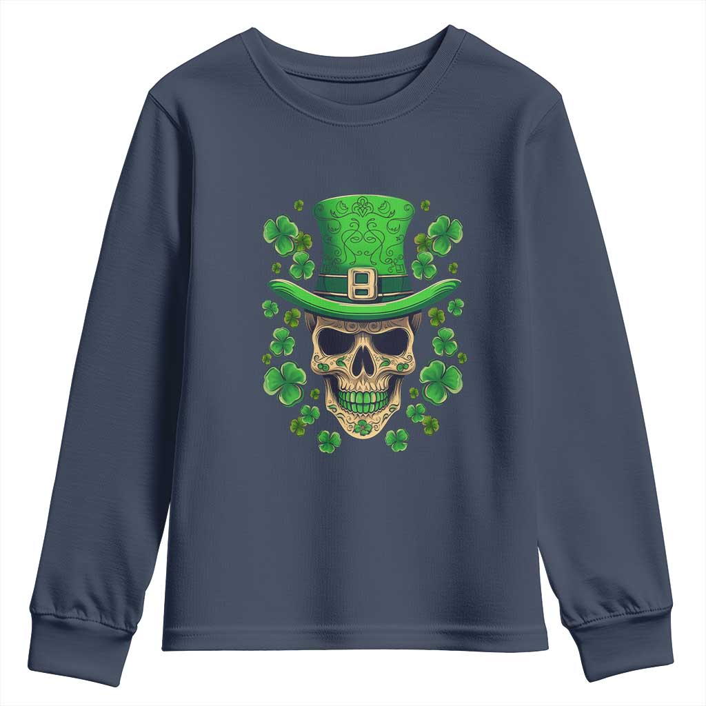 St Patrick's Day Youth Sweatshirt Irish Sugar Skull Lucky Shamrocks Hat TS09 Navy Print Your Wear
