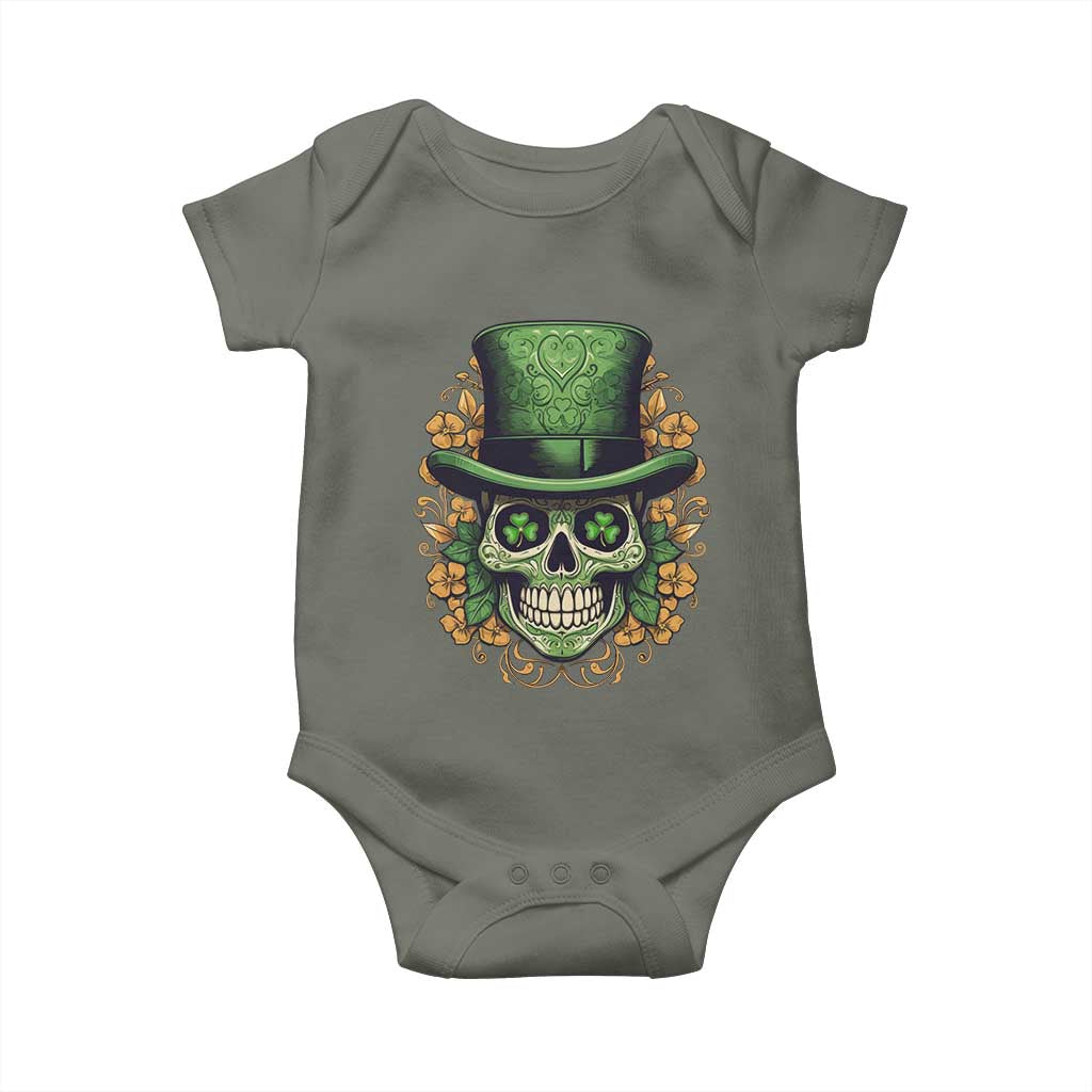 St Patrick's Day Baby Onesie Irish Sugar Skull Lucky Hat Shamrocks TS09 Military Green Print Your Wear
