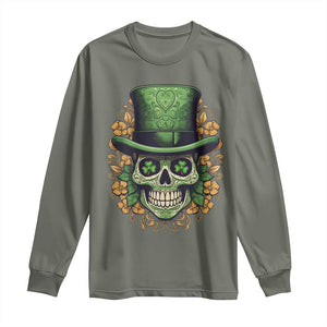 St Patrick's Day Long Sleeve Shirt Irish Sugar Skull Lucky Hat Shamrocks TS09 Military Green Print Your Wear