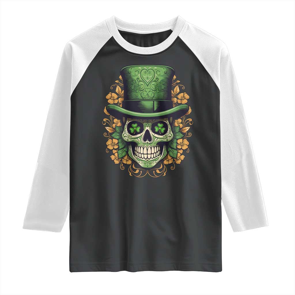St Patrick's Day Raglan Shirt Irish Sugar Skull Lucky Hat Shamrocks TS09 Black White Print Your Wear