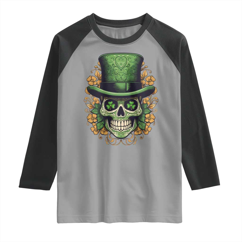 St Patrick's Day Raglan Shirt Irish Sugar Skull Lucky Hat Shamrocks TS09 Sport Gray Black Print Your Wear