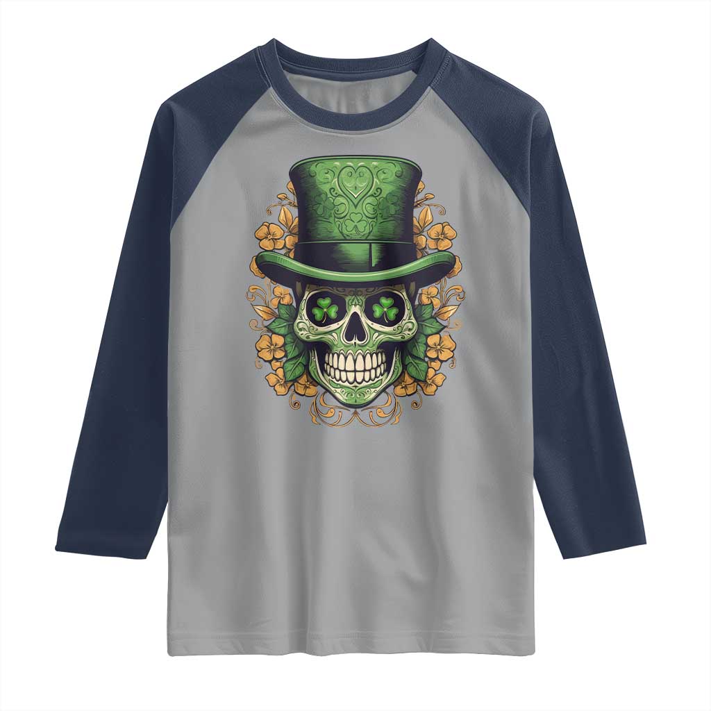 St Patrick's Day Raglan Shirt Irish Sugar Skull Lucky Hat Shamrocks TS09 Sport Gray Navy Print Your Wear