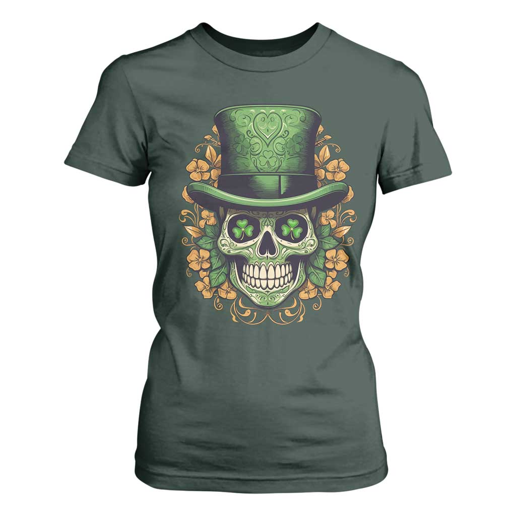 St Patrick's Day T Shirt For Women Irish Sugar Skull Lucky Hat Shamrocks TS09 Dark Forest Green Print Your Wear