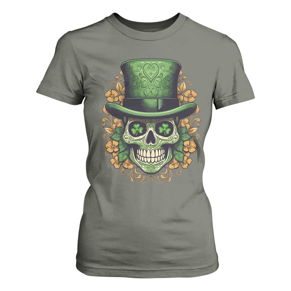 St Patrick's Day T Shirt For Women Irish Sugar Skull Lucky Hat Shamrocks TS09 Military Green Print Your Wear