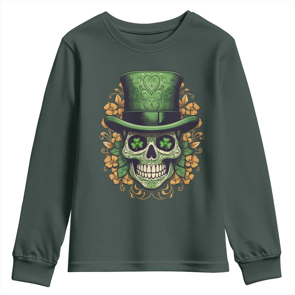 St Patrick's Day Youth Sweatshirt Irish Sugar Skull Lucky Hat Shamrocks TS09 Dark Forest Green Print Your Wear