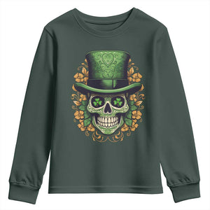St Patrick's Day Youth Sweatshirt Irish Sugar Skull Lucky Hat Shamrocks TS09 Dark Forest Green Print Your Wear