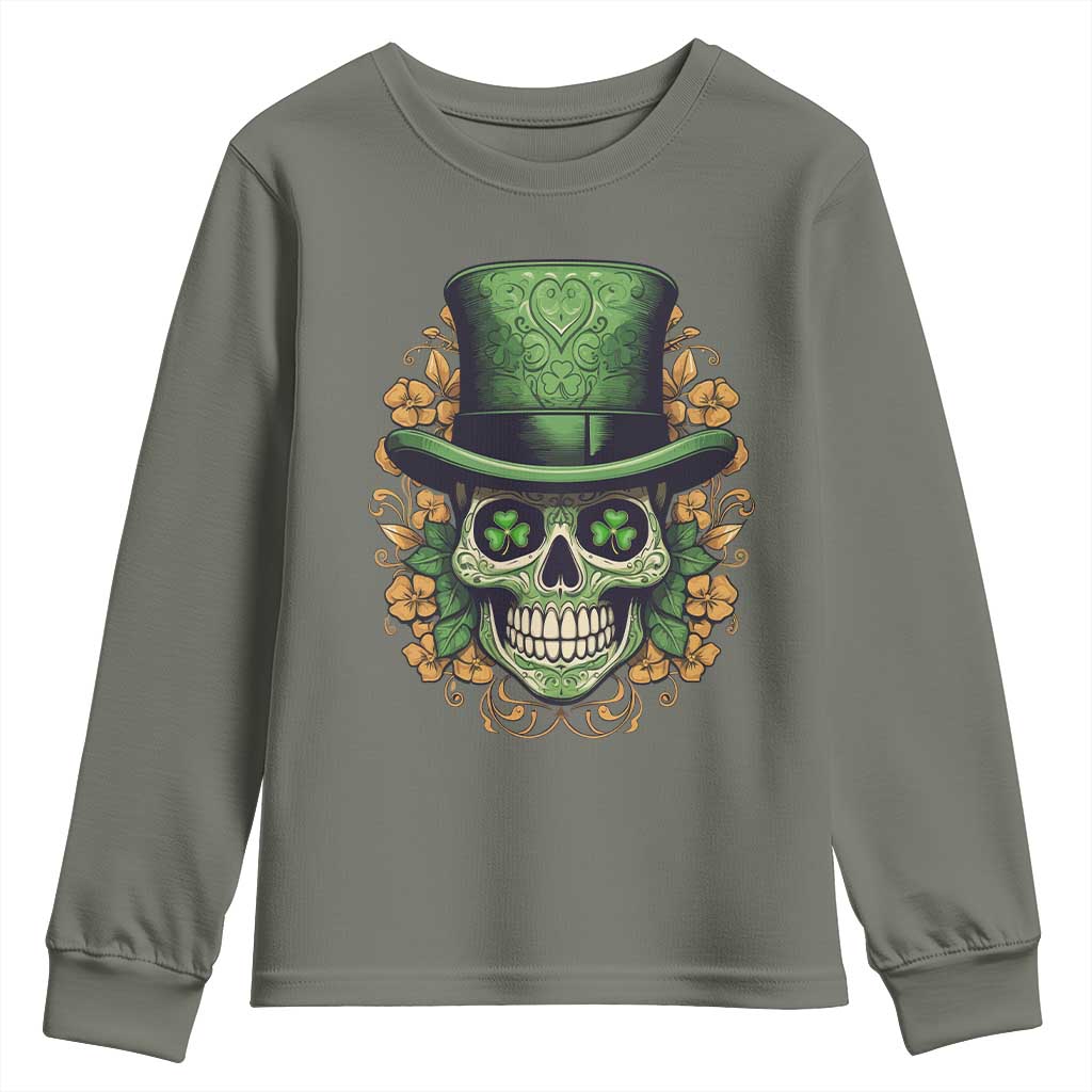 St Patrick's Day Youth Sweatshirt Irish Sugar Skull Lucky Hat Shamrocks TS09 Military Green Print Your Wear