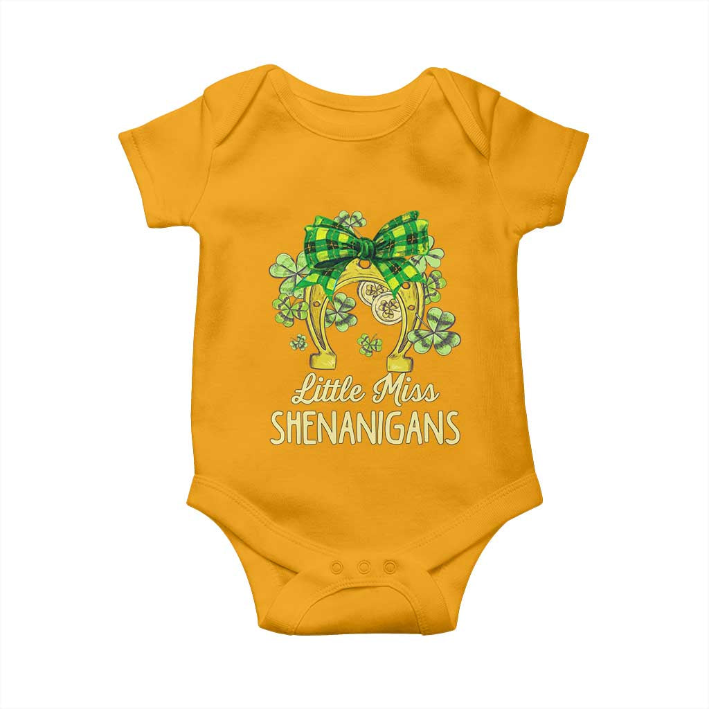 St Patrick's Day Baby Onesie Little Miss Shenanigans Coquette Shamrocks TS09 Gold Print Your Wear