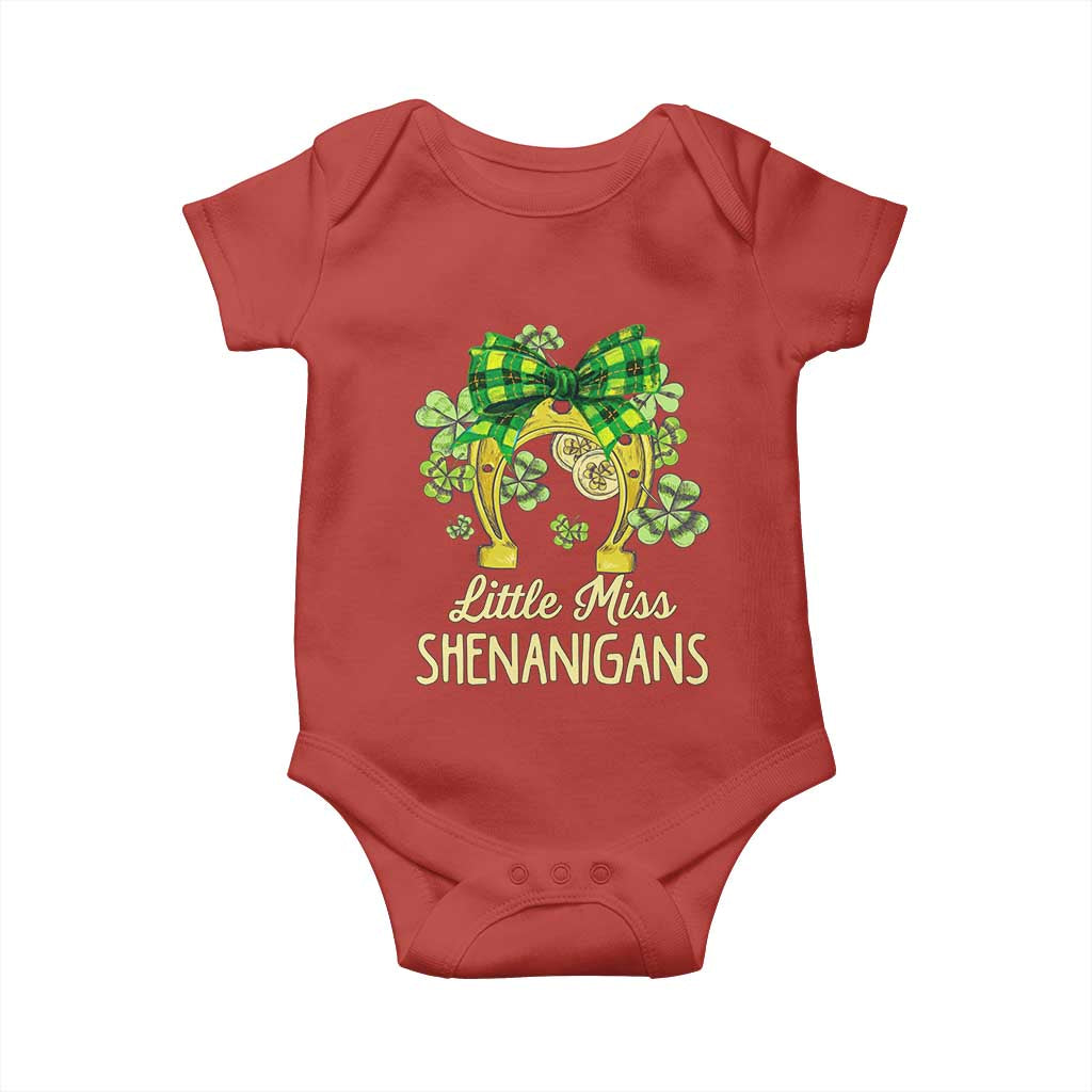 St Patrick's Day Baby Onesie Little Miss Shenanigans Coquette Shamrocks TS09 Red Print Your Wear