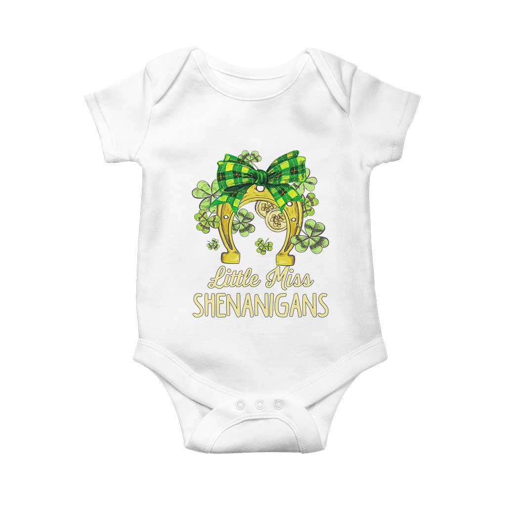 St Patrick's Day Baby Onesie Little Miss Shenanigans Coquette Shamrocks TS09 White Print Your Wear